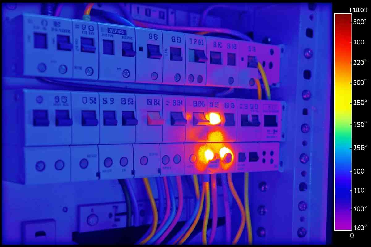 Thermal imaging scan of an electrical switchboard showing a glowing hot spot on an overloaded connection